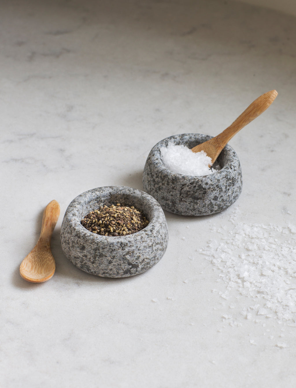 Granite Salt & Pepper Pots with Bamboo Spoons