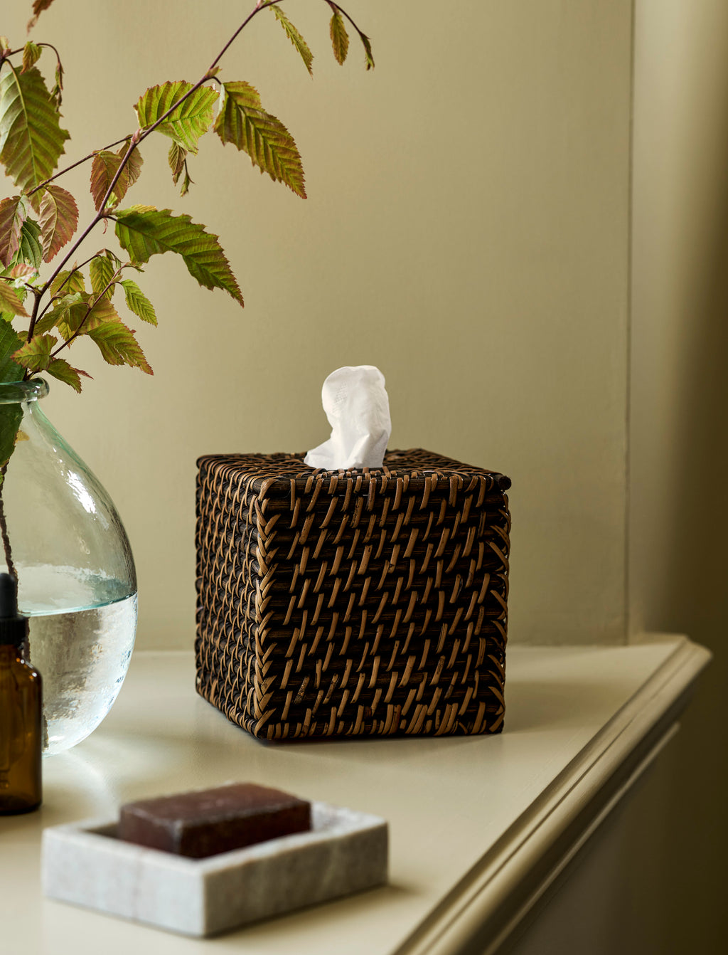 Wittering Square Tissue Box Holder - Rattan, Antique Brown